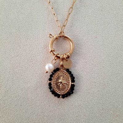 Collier Paloma doré et médaillon perles noire